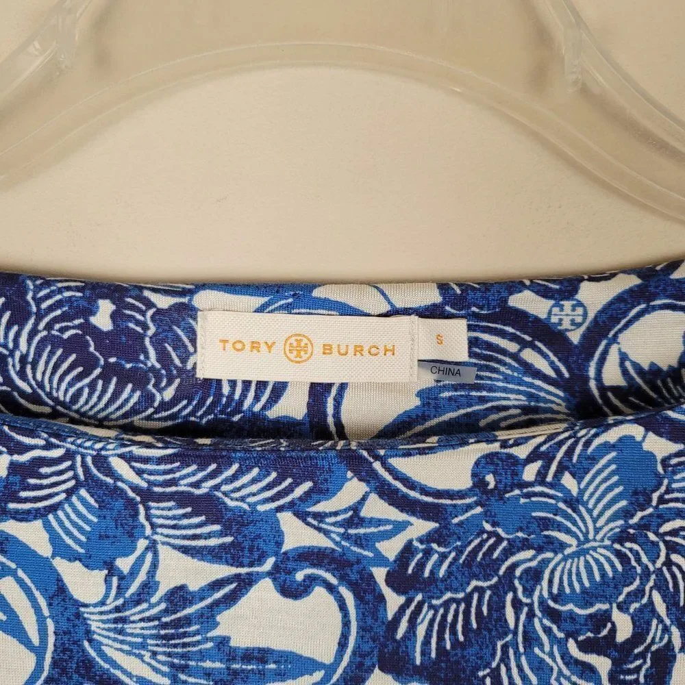 Tory Burch Sheila Floral Silk Dress Knee Lenght 3/4 Sleeve Blue White Size S